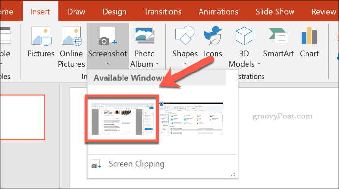 اختيار نافذة لقطة شاشة في PowerPoint