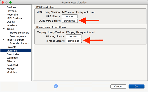 قم بتثبيت برنامج تشفير LAME MP3 الاختياري ومكتبة FFmpeg مع Audacity.