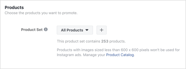 انقر فوق + تسجيل الدخول في قسم المنتجات على مستوى الإعلان الخاص بحملتك على Facebook.