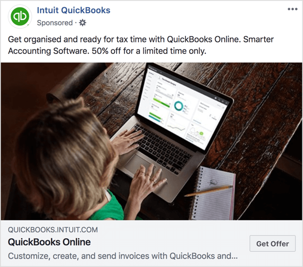في إعلان Intuit QuickBooks وصفحة الهبوط هذه ، لاحظ تناسق درجات الألوان والعرض.