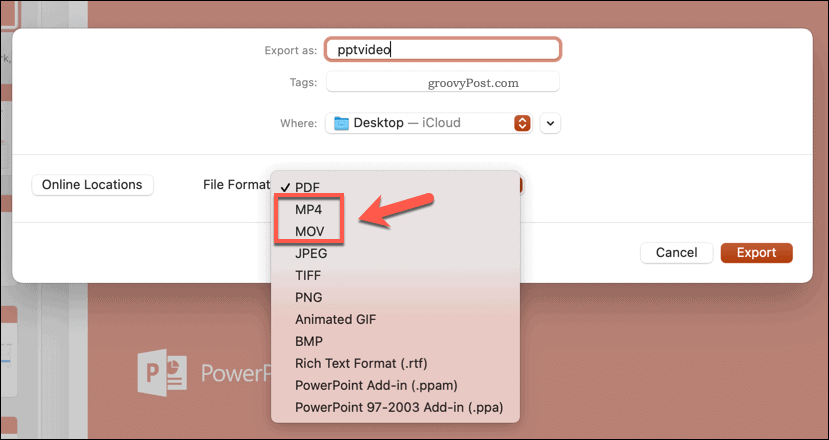 تحديد تنسيق ملف التصدير في PowerPoint على Mac