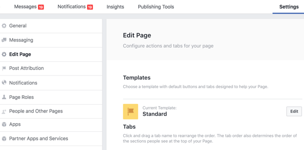 قسم تحرير الصفحة في إعدادات صفحة Facebook الخاصة بك حيث يمكنك إعادة ترتيب علامات التبويب الخاصة بك.