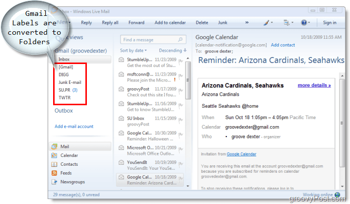 عميل البريد الإلكتروني للبريد المباشر ويندوز ، يتم تحويل تسميات بريد جوجل إلى مجلدات في بريد ويندوز لايف
