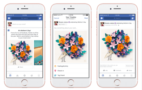 طرح Facebook بطاقات شخصية وأقنعة وإطارات موضوعية في كاميرا Facebook ورد فعل مؤقت "شكرًا" تكريماً لعيد الأم.