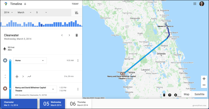 تفاصيل الرحلة على مخطط خرائط Google الزمني