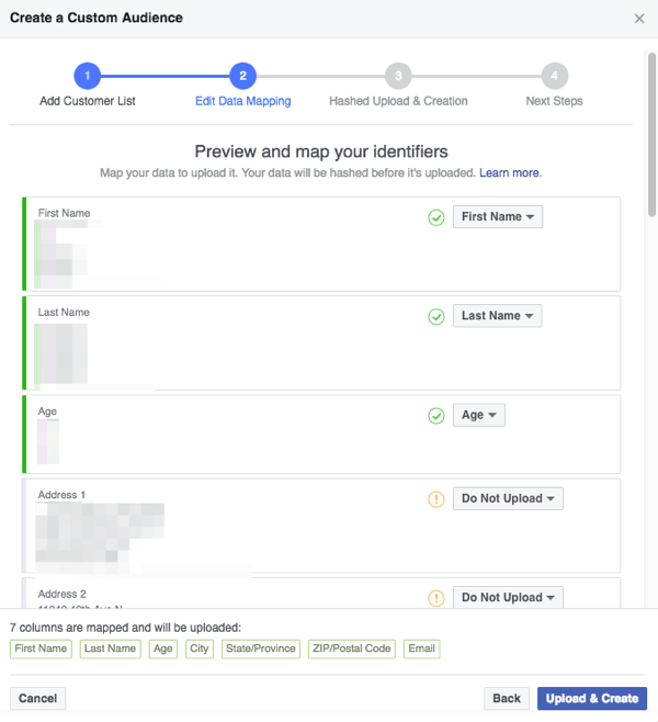 تأكد من تعيين الحقول التي يكتشفها Facebook في ملف CSV الخاص بك بشكل صحيح إلى الفئات التي يفهمها Facebook.