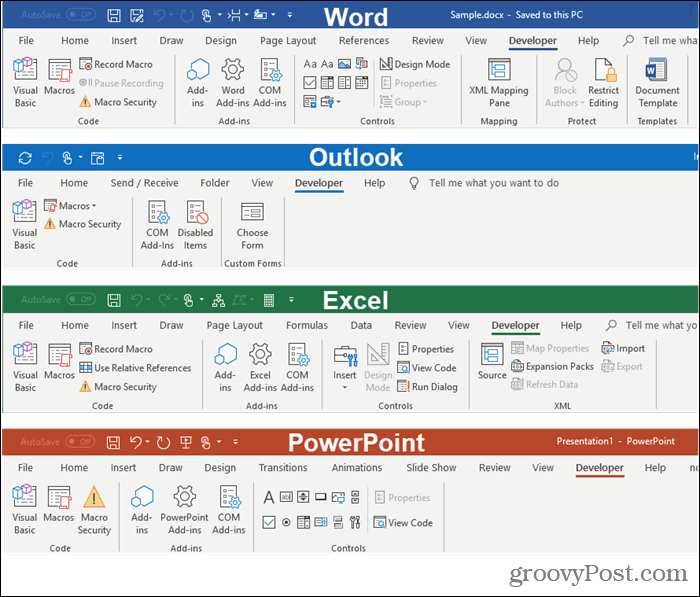 علامات تبويب المطور في برامج Microsoft Office
