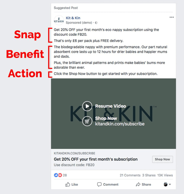 مثال على طريقة نسخ إعلان SBS على Facebook