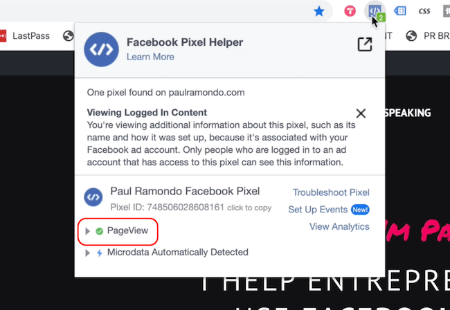 Facebook Pixel Helper يعرض حدث عرض الصفحة
