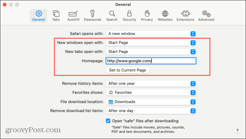 إعدادات لفتح علامات تبويب جديدة أو Windows في Safari