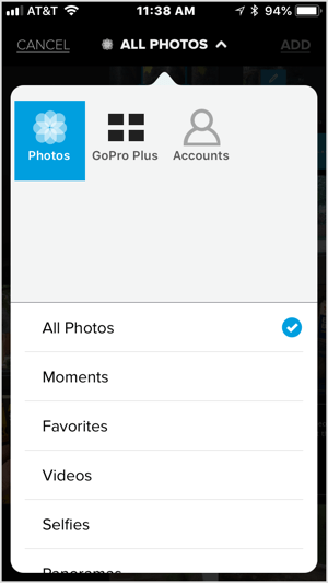 اضغط على أيقونة + وحدد مقطع فيديو أو خمس صور أو أكثر لاستيرادها إلى Quik.