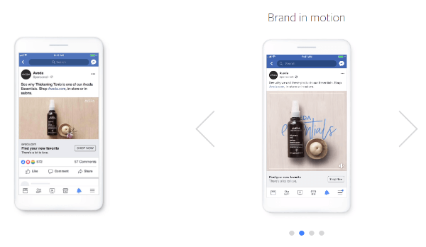 طرح Creative Shop من Facebook أسلوب إنتاج جديد يسمى Create to Convert ، وهو سهل إطار عمل لإضافة حركة خفيفة الوزن للصور الثابتة لخلق تأثير أكثر إقناعًا وفعالية إعلانات الاستجابة المباشرة.