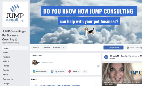 كيفية استخدام ميزات مجموعات Facebook ، مثال على صفحة Facebook لـ JUMP Consulting