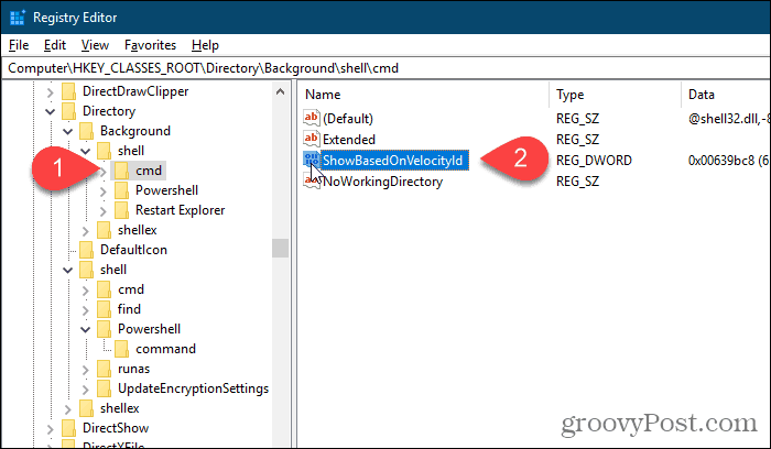 إعادة تسمية قيمة cmd HideBasedOnVelocityId في الخلفية في محرر تسجيل Windows