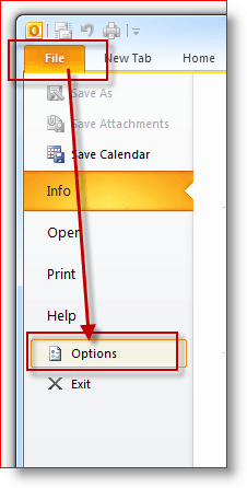 ملف Outlook 2010 ، قائمة الخيارات