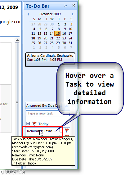شريط المهام في Outlook 2007 - قم بالمرور فوق العنصر للحصول على مزيد من التفاصيل