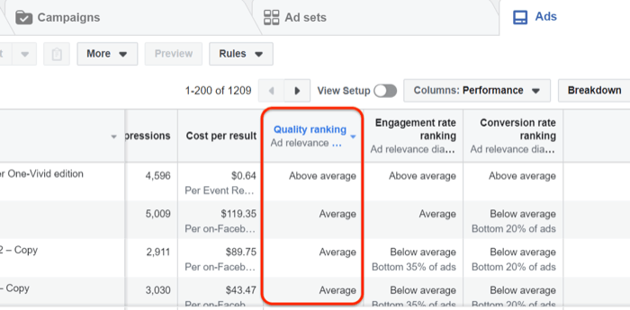 بيانات تصنيف جودة إعلان Facebook في Facebook Ads Manager