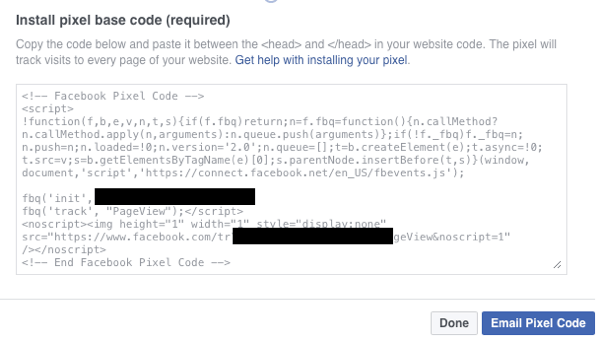 تأكد من تثبيت رمز قاعدة بكسل Facebook على موقعك.