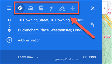 خيارات السفر في خرائط جوجل