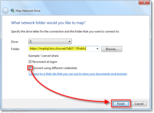قم بلصق في Windows Live Skydrive URL الخاص بك إلى محرك أقراص الشبكة المعين وتحقق من الاتصال باستخدام بيانات اعتماد مختلفة ثم انقر فوق إنهاء.