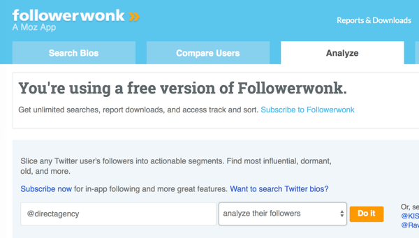 حدد حساب Twitter الذي تريد تحليله باستخدام Followerwonk.