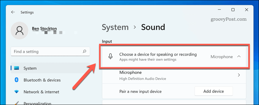 اختيار جهاز إدخال الصوت على Windows 11