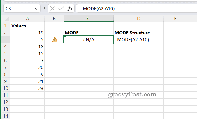 مثال خطأ NA للوضع في Excel
