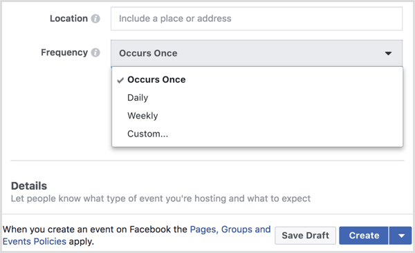 حدد الفاصل الزمني من قائمة التكرار لإنشاء حدث متكرر مع صفحة Facebook