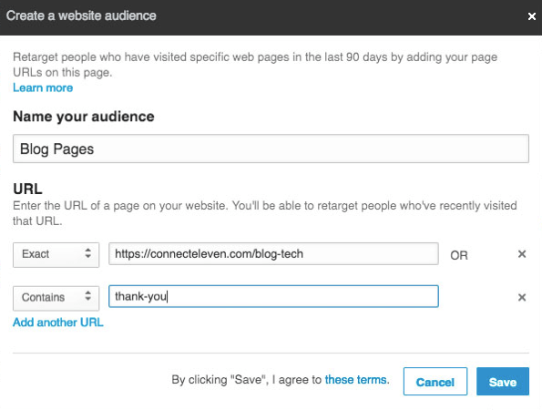 يمكنك إضافة عناوين URL متعددة لإعادة استهدافها مع جمهور LinkedIn المتطابق.