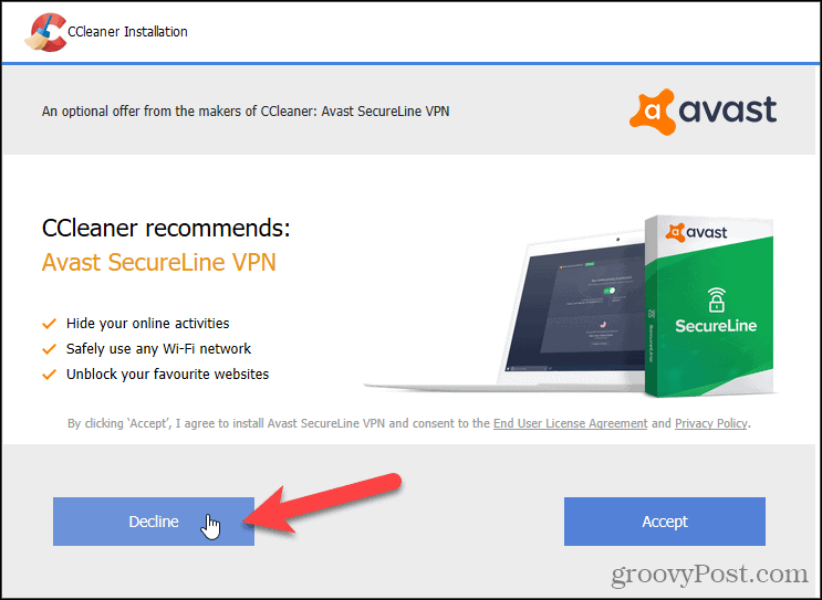 رفض Avast VPN في CCleaner