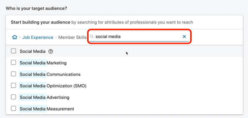 لقطة شاشة لنتائج البحث عن مهارات أعضاء "وسائل التواصل الاجتماعي" على LinkedIn