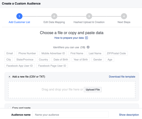 عند إنشاء جمهور مخصص على Facebook من قائمة البريد الإلكتروني الخاصة بك ، يمكنك تحسين معدل المطابقة بمعرفات إضافية.