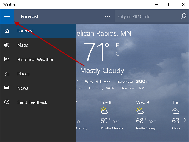قائمة الهمبرغر Windows 10 Weather