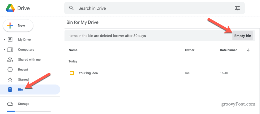 إفراغ Google Drive bin