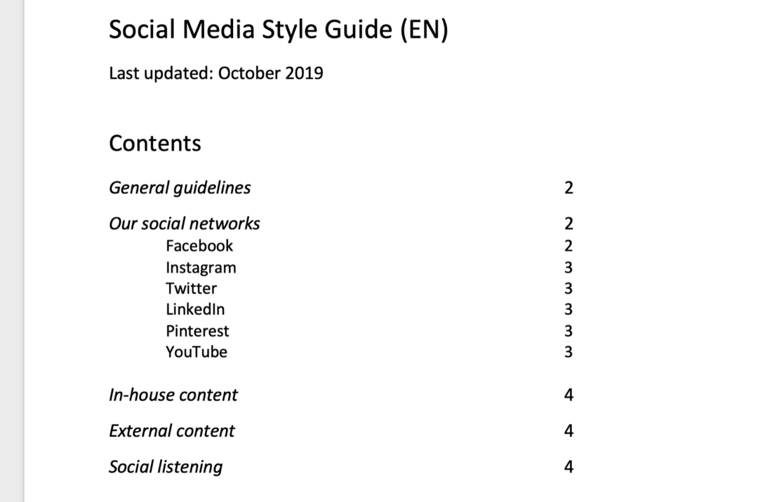 لقطة شاشة لجدول محتويات دليل أسلوب الوسائط الاجتماعية