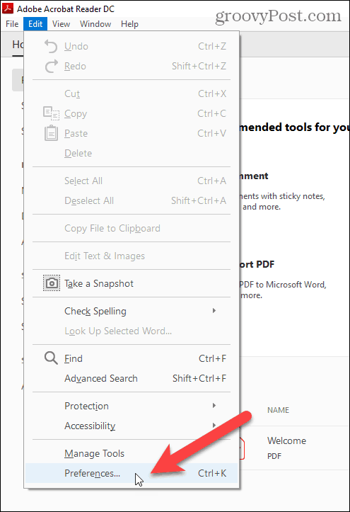 حدد Preferences في قائمة Edit في Adobe Acrobat Reader