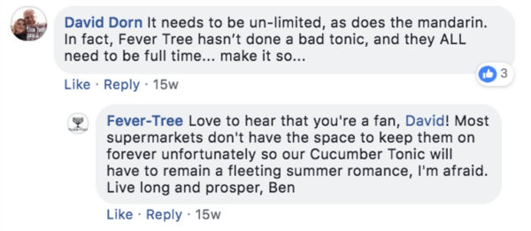 مثال على Fever-Tree يستجيب لتعليق على منشور على Facebook.