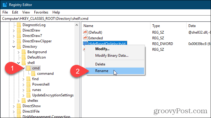 حدد إعادة تسمية لقيمة HideBasedOnVelocityId في محرر تسجيل Windows