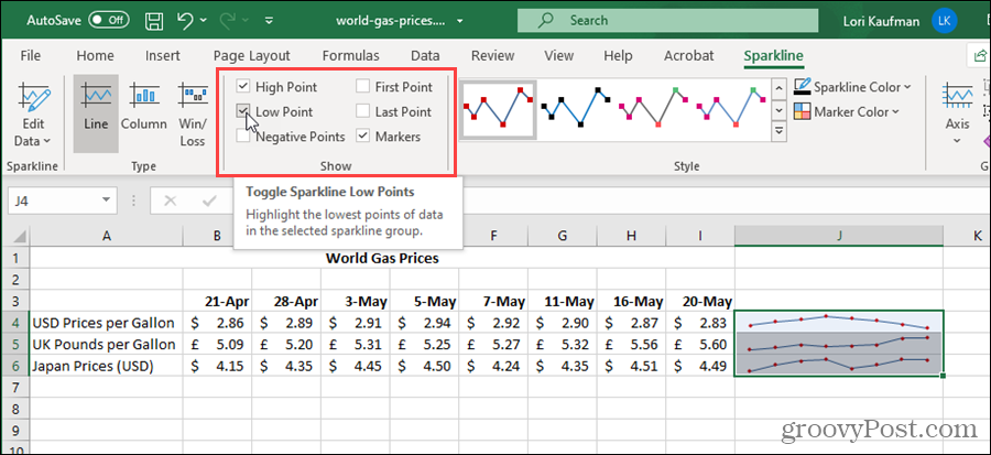عرض خيارات Sparklines في Excel