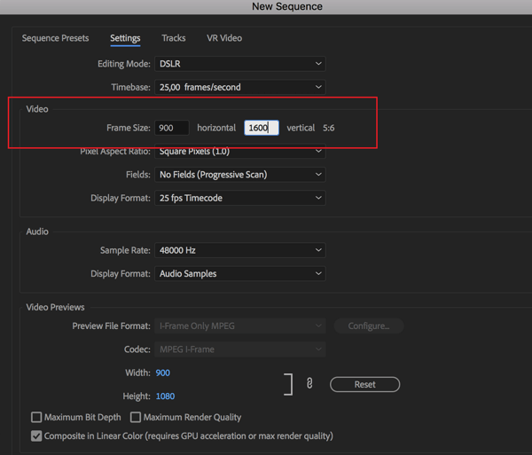 خيار لتعيين معدل الإطارات للتسلسل الخاص بك في Adobe Premier Pro.