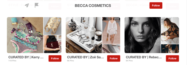مثال على لوحات الضيوف على Pinterest برعاية المؤثرين لشركة Becca Cosmetics.