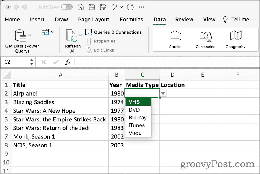 القائمة المنسدلة في جدول بيانات Excel