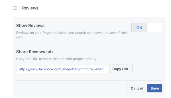 قم بتمكين مراجعات Facebook عن طريق تحديد On بجوار إظهار المراجعات.