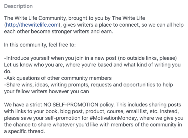 كيفية تحسين مجتمع مجموعة Facebook الخاص بك ، مثال على وصف مجموعة Facebook وقواعده بواسطة The Write Life Community