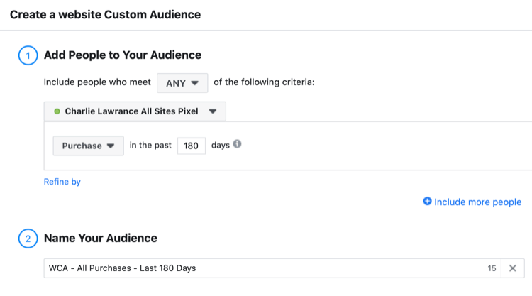 قم بإعداد جمهور مخصص لموقع Facebook على الويب للزوار الذين قاموا بالشراء في آخر 180 يومًا