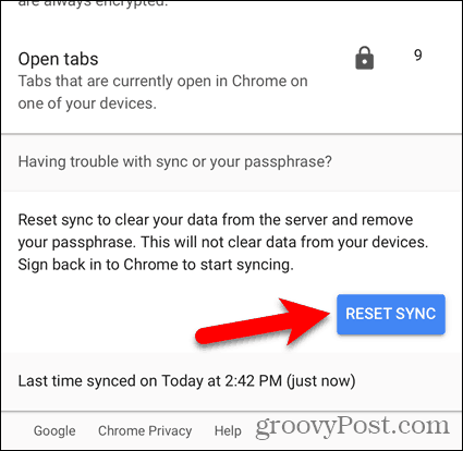 إعادة تعيين المزامنة في Chrome لنظام iOS