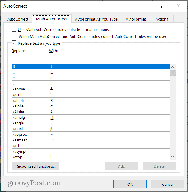التصحيح التلقائي للرياضيات في Word على Windows