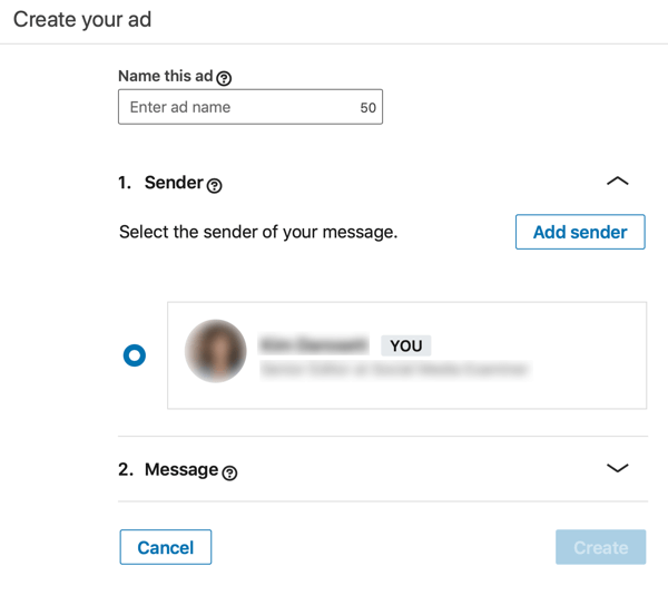 كيفية إنشاء إعلان InMail قائم على الهدف من LinkedIn ، الخطوة 3 ، قم بتعيين اسم الإعلان والمرسل