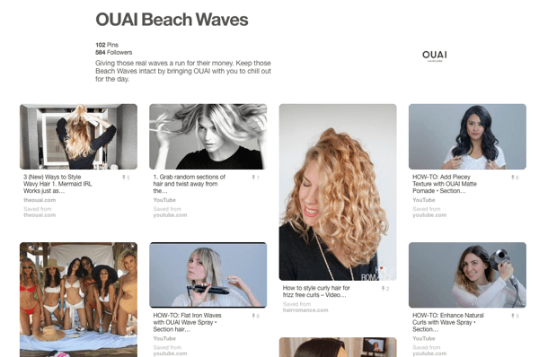 مثال على لوحة تعليمية على Pinterest تعرض منتجات OUAI.