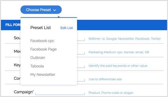 الإعدادات المسبقة لإضافات Google URL Builder Chrome